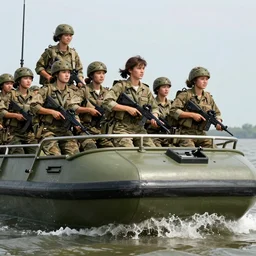 a group of young military women riding on the back of a landing craft, a colorized photo by jeff a. menges, pixiv contest winner, american realism, colorized, associated press photo, creative commons attribution