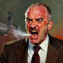 saul goodman angry, screaming, red face, spit flying from mouth, stylistic painting by 'phil hale'!!!! high quality hd