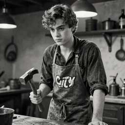film still of youthful charlie day. he is a blacksmith, wearing apron, holding hammer sin city comic, black and white