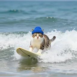 a cat surfing a wave wearing a blue hat.