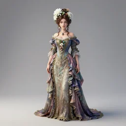 wide angle full body portrait shot of a beautiful victorian - era elegantly dressed woman wearing ornaments of flowers, flowing colourful elegant clothes, highly detailed face, detailed iridescent eyes, alphonse white datura, rhads, artstation, fkey, octane render, 1 6 k