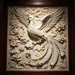 phoenix in intricate beautiful masterpiece big ivory carving, backlit, detailed photo, guangzhou chen's clan academy, dramatic lighting