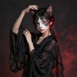 young girl with cat face, elegant pose, in a black chiffon layered robe fantasy detailed trending on artstation, dramatic lighting, eterea, high quality print, fine art with subtle redshift rendering, portrait by william morris, realistic, detailed