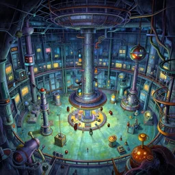 colorful, creepy landscape painting of detailed interior of giant scientific research facility labo, area 3, inner ring, floor b 2, anime key visual by craig mullins
