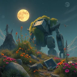 a fantastic hyperdetailed 3 d matte painting of a giant robot partially covered in overgrowing wildflowers on an alien planet under arctic moonlight by moebius by beeple by by jakub rozalski by paul lehr by dan mumford