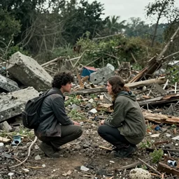two people have to survive a natural disaster together, highly detailed, still shot from movie, wide shot