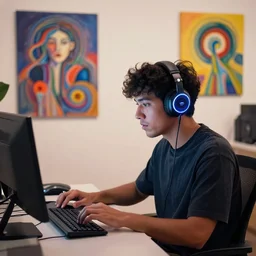 a trot singer working on a dissertation while listening to lo-fi with futuristic headphones, artwork by liam wong