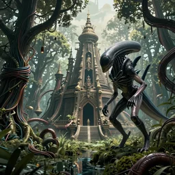 Ancient technomancer temple in a Swamp full of trees made out of thousands of wires and pipes, Large Xenomorph approaching, film still from Aliens by James Cameron