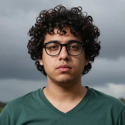 man, curly hair cut on the sides, a little big nose, full mouth, brown eyes, pink lips, black framed glasses, green v - neck shirt, cloudy weather, dramatic lighting