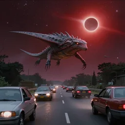 home movie footage from the early 2 0 0 0 s of a hyperintelligent otherworldly humanoid mantaray from beyond the stars landing in the middle of a busy road while cars swerve around it under a crimson colored eclipse, cgi, proper anatomy, sci fi fantasy, photorealistic, trending on artstation, national geographic