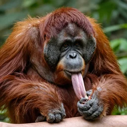 a beautiful orangutan is sucking the human skin