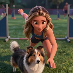 animation still frame of an attractive female agilitist ( long dark blond hair ) doing agility with her shetland sheepdog, high angle closeup portrait, ( ( wholesome, ) ) blurry background of the course of an agility course, disney, pixar, bloom, medium shot, waist up, dramatic lighting, in the style of studio ghibli, j. c. leyendecker