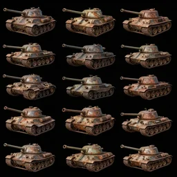 overhead view, digital painted rusted tank game asset sheet, grid arrangement, black background, unity asset store, by greg rutkowski, trending on artstation