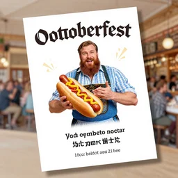 large octoberfest invite card, bearded man serenading delicious hot dogs, mustard, ketchup, crowded bar, photoshoot, 4 k, hyper realistic, natural, highly detailed, digital illustration, trending in artstation, classical painting, smooth, sharp focus art by ilya repin