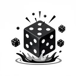 a 2 d black fountain of dice instead of water icon, dice exploding, particles, modern design, dark paint, in the style of ancient greece, high resolution, white background, no numbers, no letters, extremely detailed, vector, 4 k, concept art, award winning, black and white,