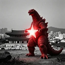 light coming out of one starfish - like kaiju monster, korean film noir, korean traditional palace, pyongyang city, 1 9 6 0 s, red color bleed, 4 k, video compression, video glitch, monochrome, akira kurosawa, mamoru oshii, wes anderson, stanley kubrick