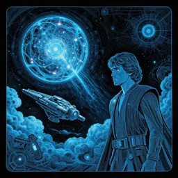 star wars 8 k landscape landscape panoramic, anakin skywalker planet by james gurney + black paper with intricate and vibrant light blue line work, hk animation, trending on artstation + ethereal steampunk spaceship in a cloudscape nebular phase nebula + fantastic fractal engine light detail