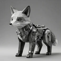 rare classified photo, black & white, studio lighting, low poly fox bear, cyborg, hybrid, wood and metal, steampunk