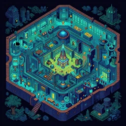 isometric pixelart intricate flourescent complex wimmelbild illustration of dungeon room map by greg rutkowski and Ryōma Itō and dan mumford and möbius trending on artstationin the style of Ghibli and 1960s Americana Comics HQ 8K scan