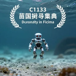underwater photo with a tiny cyborg in the center. Cinematic post-processing. Award winning