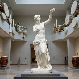 an art museum whose architecture is inspired by drum and flute instrument pieces, white porcelain full body sculpture of aphrodite touching the sky in the center of the room raytracing ar 1 6 : 9
