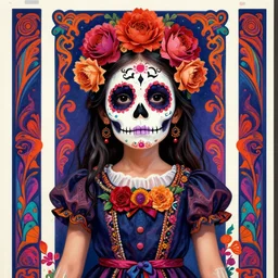 realistic detailed psychedelic poster art of a cute Día de los Muertos girl by Victor Moscoso Rick Griffin Art Noveau, masterpiece