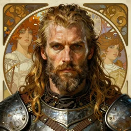 realistic detailed face portrait of a grizzled viking warrior in heavy armor by alphonse mucha, ayami kojima, amano, greg hildebrandt, and mark brooks, male, masculine, art nouveau, neo - gothic, gothic, character concept design