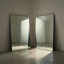 two square mirrors stand parallel to each other refracting each other recursively in an empty room, natural lighting, cinematic lighting, global illumination