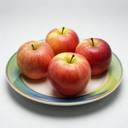 a wide angle side view realistic photo of only 3 apples on a colorful plate, award winning, food photography, by ansel adams