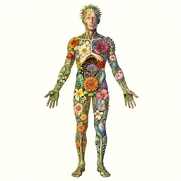 highly detailed illustration of a human anatomy body exploded by all the known species of flowers by juan gatti, by moebius!!,, by oliver vernon, by joseph moncada, by damon soule, by manabu ikeda, by kyle hotz, by dan mumford, by kilian eng