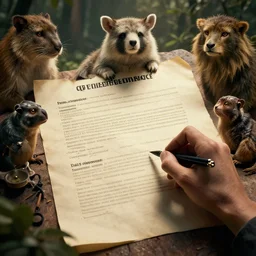 zoo animals signing the declaration of independence, dramatic lighting, cinematic, establishing shot, extremely high detail, photo realistic, cinematic lighting, post processed, concept art, artstation, matte painting,
