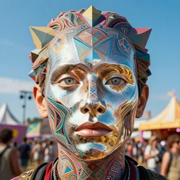 the face of a person at a festival who has glimpsed the fourth dimension, intricately detailed geometry psychedelic, beautiful reflections, award winning, 8 k