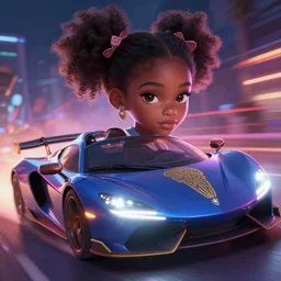 light skinned african american petite girl innocent face with a sports car, night life, neon glow, race, speed, lights, lens flare, deep focus, d & d, fantasy, intricate, elegant, highly detailed, digital painting, artstation, concept art, matte, sharp focus, illustration, hearthstone, art by artgerm and greg rutkowski and alphonse mucha, by wlop, cinematic atmosphere