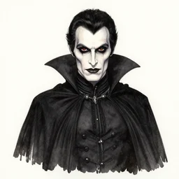 a highly detailed professional watercolor and ink portrait of dracula, morbid, gothic, creepy, black and white and red, dark aesthetic, ominous, watery paints, messy pen markings, atmospheric, victorian,