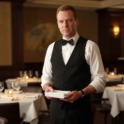 mike ehrmantraut working as a waiter in a michelin star restaurant, professional photography