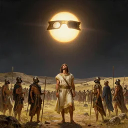 a total solar eclipse fills the sky, lydian warriors on an ancient battlefield stop and look up as the sky goes dark. 5 0 0 bc. clear, detailed, well composed beautiful painting by michael whelan, dramatic lighting, rich colors.