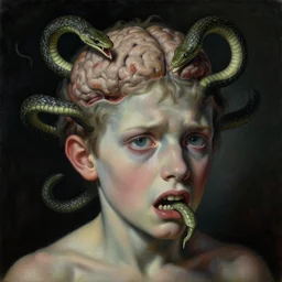 a painting of a decapitated boy's distressed face with biting serpents swarming out of his exposed brain, a surrealist painting, polycount, surrealism, surrealist, lovecraftian, cosmic horror