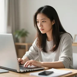 photo of a mad Asian girl working on her computer in a Sunday morning