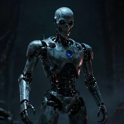 evil robot, dark background, scary filter, nightmare atmosphere