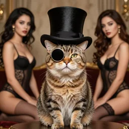 a posh cat with a monocle and a top hat surrounded by seductive undressed women