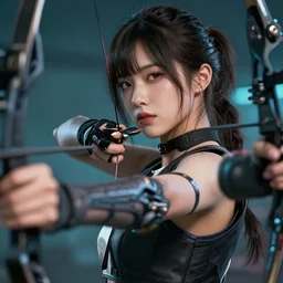 close up, attractive sports woman in archery, a grungy cyberpunk anime, highly detailed