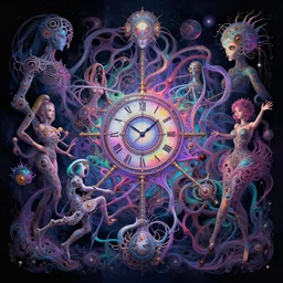 chromatic melting clockwork biological psychedelic realm possessed by astral beings trying to escape the end of time while wrapping around each other in a significantly meaningful exodus wlop h. r. giger lisa frank andree wallin