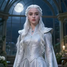 daenerys targaryen, white hair, elegant, anime, fantasy, divine, highly detailed, princess, greenhouse, moonlight, artstation, magical, lovely, pure beauty, intricate, 4 k, art by studio bind and kyoto animation and wit studio and hyeyoung kim