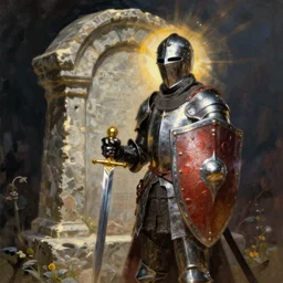 A lone knight in front of a stone tomb with a sturdy shield and shiny sword by frank frazetta