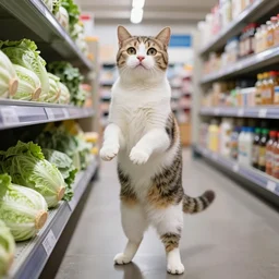 bipedal cat standing on 2 legs shopping in tesco for cabbages
