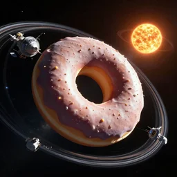 a donut shaped space station orbiting a distant sun
