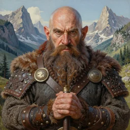 a highly detailed symmetrical airbrush painting of a bald warrior male dwarf with long brown beard in a mountainous landscape, art by mark brooks, jason edmiston, glenn fabry