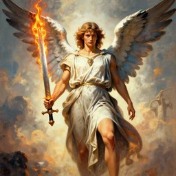 biblically accurate angel, epic propaganda poster, holding a flaming sword, strength, health, confidence