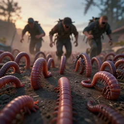 realistic photo first person perspective, worms stampede towards camera, attacking and chasing me, dramatic lighting, early evening, professional photography, high detail, cinematic lighting, unreal engine, deviant art