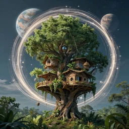 by par olofsson and tristan eaton, visually stunning, cinematic, ultra realistic, hyper realism, 1 2 k, epic, octane render, unreal engine, vfx, maya, weaving abstract geometry into everything : a lush treehouse # solarpunk, spinning disks of silky starlight like crown - wreaths on mighty planets : the binary of life and death